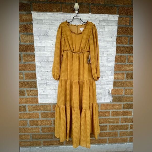 Rachel Parcell Mustard Yellow Ruffled Tiered Long Sleeve Maxi Dress Textured - Picture 3 of 15